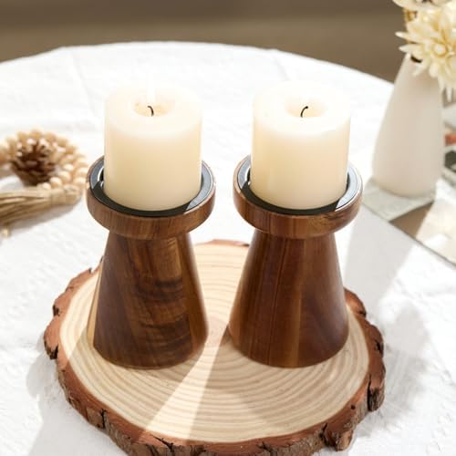 Set of 2 Rustic Acacia Wood Candle Holders for Pillar Candles - Image 6