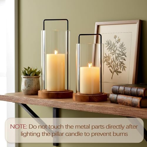 Houmury Set of 2 Hurricane Candle Holders Lantern 12” & 10”with Wood Base Metal Handle Glass Cylinder Modern Farmhouse Decor for Home Decoration, Table Centerpieces (Warm Amber Brown) - Image 3