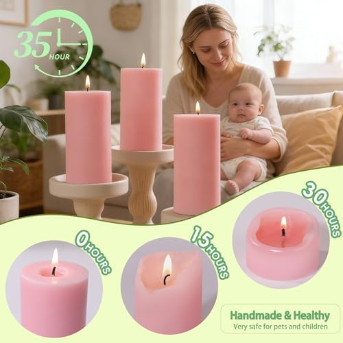 6 Pack Soy Pillar Candles, 2x4 Inch Unscented Pink Candles for Home Decor - Image 6