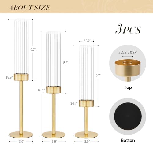 Glass Hurricane Candlestick Holders Gold, KSWING Set of 3 Taper Candle Holders Brass Tall Clear Candle Stand Holders, Perfect for Table Centerpiece Party Wedding Christmas Home Decor - Image 4