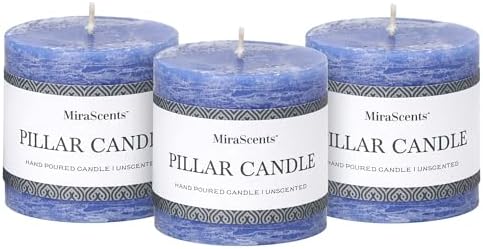 3x3 Inch Blue Pillar Candles Set of 3 - Hand-Poured Unscented Candle, Long Clean Burning, Large Big Candles, Smokeless Dripless Candle for Dinner Table, Wedding, Home, Bathroom, Rustic Decor by MiraScents