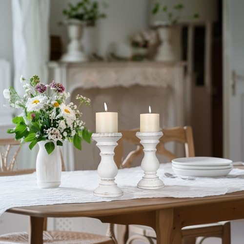 Candle Holder for Pillar Candle Set of 2, Farmhouse Wood Candle Holder, Rustic Wooden Candle Stand, Vintage Wooden Candlestick Holders Decorative for Living Room, Table Centerpiece, Antique White - Image 6