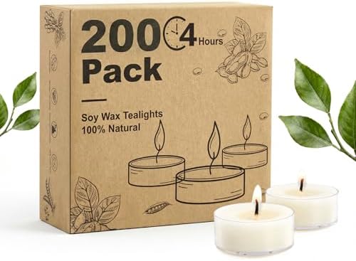 Unscented Soy Tea Lights Candles 200 Pack Bulk,4 Hour Clean Burn Tea Candle by Hypmis