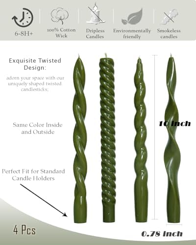 Olive Green Taper Candles Spiral Candlesticks Unscented Smokeless Tall Candles for Wedding Holiday Dinner Party Home Decorative candles-10inch,4pcs - Image 6