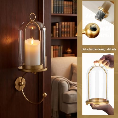 Metal Wall Hurricane Glass Candle Sconce Holder for Pillar Candle & Plant, Modern Farmhouse Decor Candle Lantern with Hand Towel Rack (Gold) - Image 6