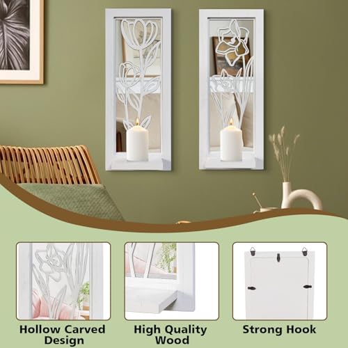 ZEXUIRU 2 Set Rustic Candle Sconces Living Room Bedroom Entryway Wood Mirrored, Farmhouse, Carved Frame Wall-Mount Wooden Candle Holders Wall Decor Hanging Handmade Holder - Distressed White - Image 7