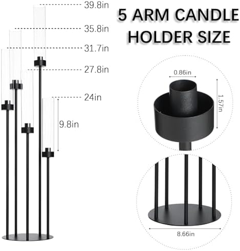 39.8''Matte Black Candle Holder with Acrylic Shades Tall 5 Arm Candelabra Black Table Centerpiece for Wedding Living Dining Room Fireplace Decoration Fit 0.98''LED Taper Candle - Image 2