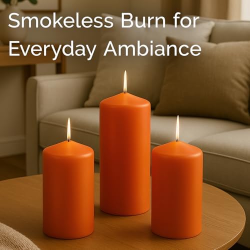 Stonebriar Unscented Pillar Candles – 80 Hour Burn Time, Long-Lasting Wax Candles for Weddings, Holidays, Home Décor & Special Events, Pack of 6, Orange, 3" x 8" - Image 4