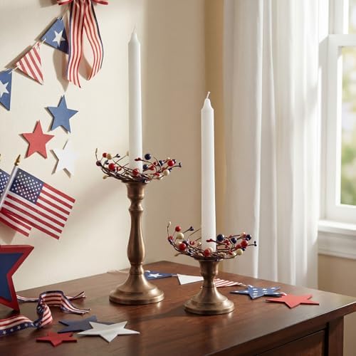 Daifunli 2 Pcs Patriotic Candle Rings for Taper 1.25 Inch 4th of July Red White and Blue Berry Candles Wreaths Vintage Pip Berries Ring for 250th Independence Day Rustic Table USA Centerpiece Decor - Image 6