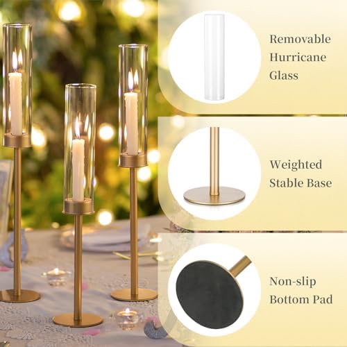 Hewory Gold Candlestick Holders: 12PCS Glass Hurricane with Tall Brass Base - Image 6
