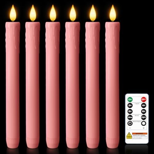 Homemory 6 Pcs Real Wax Pink Flameless Taper Candles with Remote Timer, 9.6 Inches LED Fake Candlesticks, LED Candle with 3D Flickering Flame for Romantic Wedding, Dinner, Xmas Anniversary Decor by Homemory
