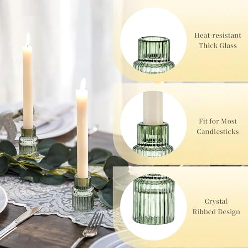 Hewory Taper Candle Holders Bulk, 20PCS Green Glass Candlestick Holders - Image 5