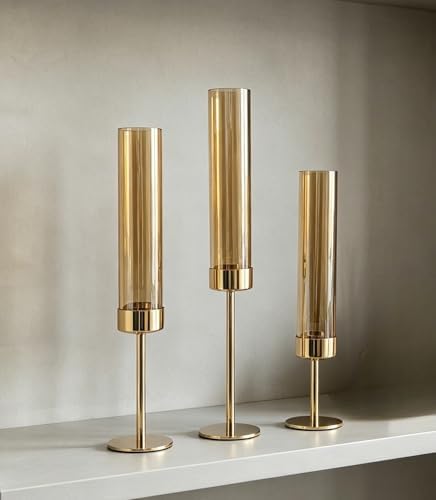 Hurricane Candle Holders Brass Gold Candlestick Holders Tall Taper Candle Holders for Candlesticks Candle Sticks Holder Decor for Table Centerpiece Wedding Party Decorations (Gold-Glass 3pcs) by Degruand