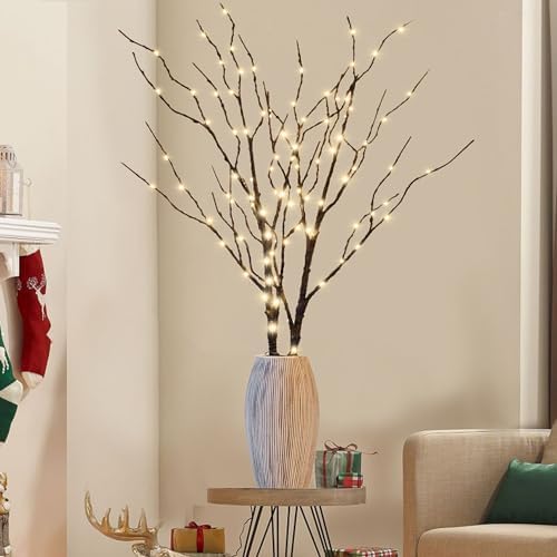 Lighted Christmas Tree Branches, 30IN 100LED Artificial Brown Twig Branch with Warm White Lights, Timer & Battery Operated, Waterproof for Indoor Outdoor Holiday Xmas Office Bedroom Party Decorations by LJLNION