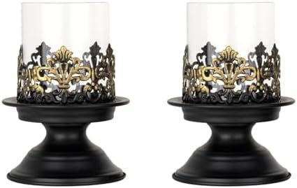 2 PCS Hurricane Candle Holder with Glass Sleeve, Gothic Metal Vintage Candle Holders, Large Table Centerpieces Candle Stand for Weddings and Events, Black, S+S by LumiLoom