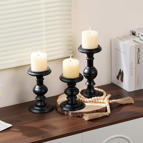 Set of 3 Rustic Black Wood Pillar Candle Holder - Image 4