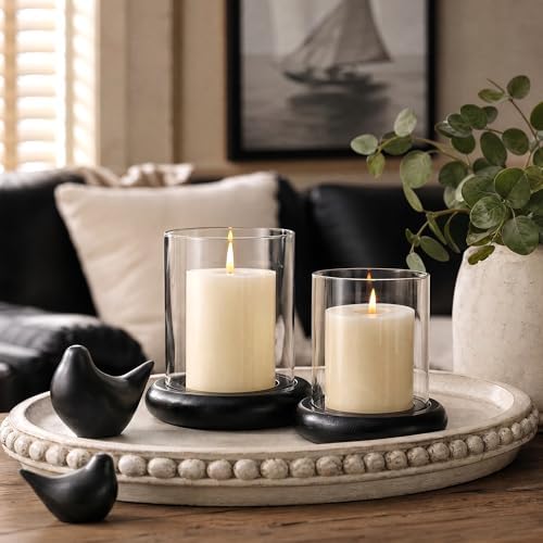 Set of 2 Black Hurricane Candle Holders with Wood Base, Modern Windproof Glass Cylinder Lantern, Farmhouse Pillar Candle Holder Decor for Table Centerpieces, Living Room, Patio & Kitchen Dining - Image 3