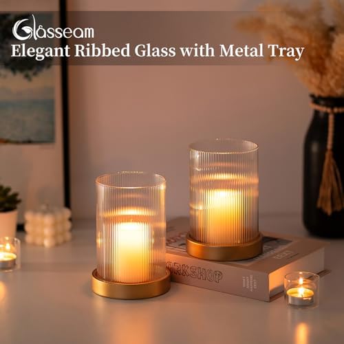 Glasseam Hurricane Glass Candle Holder: Gold Pillar Candle Holders Set of 2 Ribbed Glass Cylinder Covers with Metal Candle Tray Modern Candle Holders for Table Centerpiece Living Room Decorations - Image 3