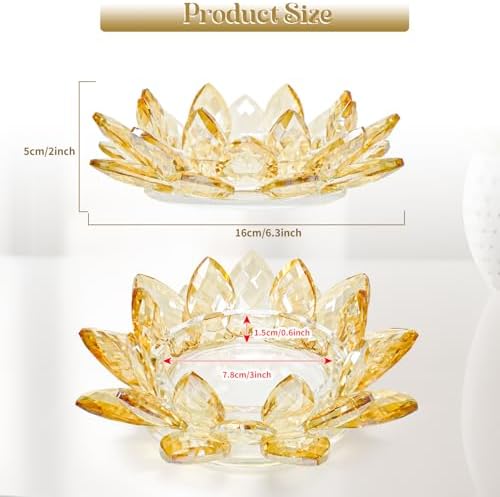 Large Crystal Lotus Tealight Candle Holder for Up to 6" Diameter Pillar Candlestick, Chunky Glass Votive Stand for Wedding, Party, Table Centerpiece Decor and Yoga Meditation (1, Gold) - Image 2