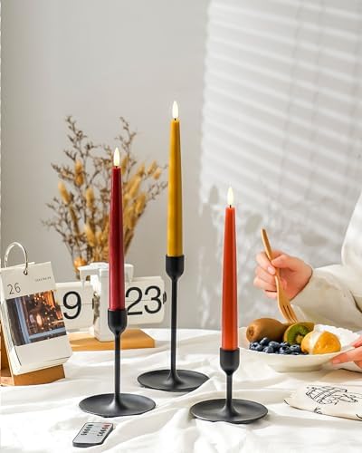 Stmarry Fall Flameless Taper Candles with Remote and Timer, 9.65 Inch Real Wax LED Candlesticks, Battery Operated Thanksgiving Candles with 3D Flickering Flame, Bordeaux, Terra Cotta & Caramel, 3 Pack - Image 2