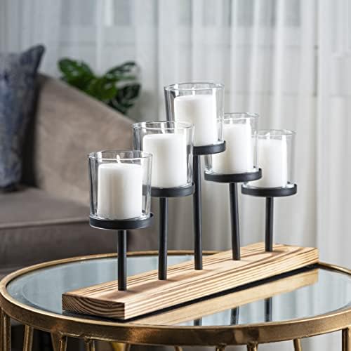 Decorative Votive Candle Holder Centerpiece, 5 Glass Cups on Wood Base - Image 5