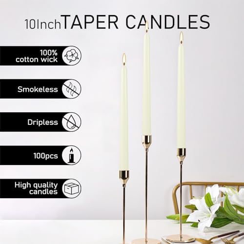 100-Pack Ivory Taper Candles - 10 Inch Dinner Candles with 8-Hour Burn Time, Smokeless & Dripless for Wedding, Party, Home Décor | Unscented Household Candles for Candlesticks & Centerpieces - Image 6