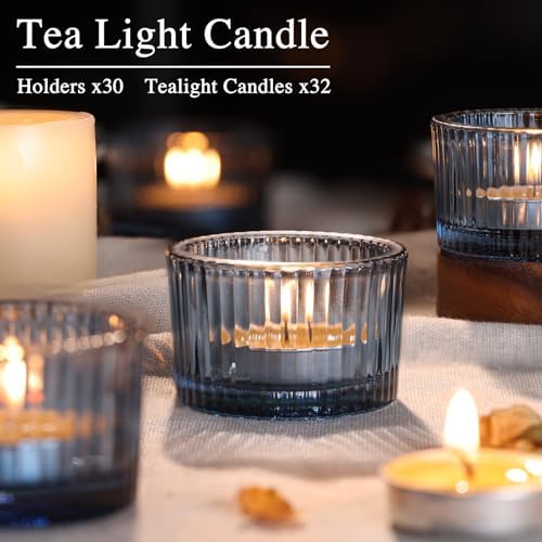 NITIME 30Pcs Blue Tealight Candle Holder, Ribbed Votive Candle Holders Glass with 32pcs Tea Light Candles for Wedding Decor, Home Decor and Party Decor - Image 2