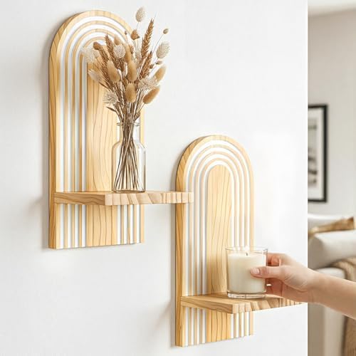 Candle Sconces Set of 2: Boho Wall Candle Holder with 3D Rainbow Arch, Natural Wood Wall Sconces Set of Two, Handmade Wooden Art Decor for Living Room, Dining Room, Bathroom, Bedroom, 13.8"x6.3" - Image 4
