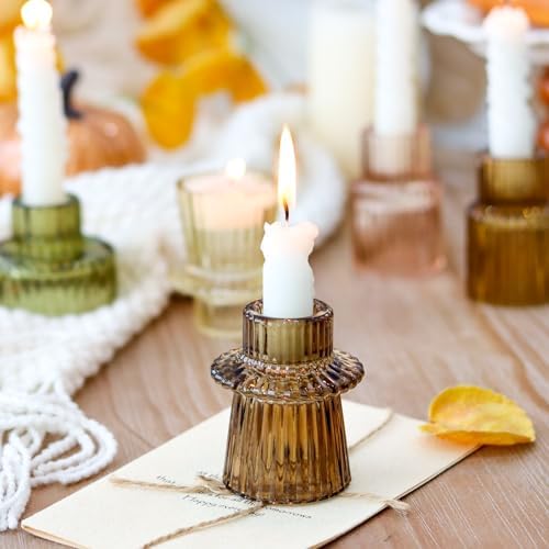 Brown Candlestick Holders 12PCS Ribbed Glass Taper Candle Holders Set for Tealight Candlestick Candles, Table Centerpieces for Thanksgiving Christmas Farmhouse Decor Indoor and Outdoor - Image 5