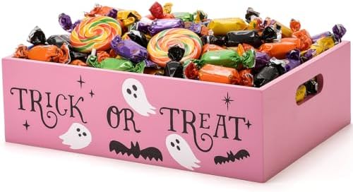 Leinuosen Halloween Candy Bowl Wooden 11.8 In Trick or Treat Pink by Leinuosen