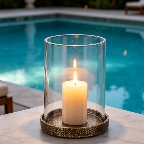 4" Wide Glass Hurricane Candle Holder with Cast Iron Base in Antique Gold for Pillar, Thick and Sturdy Glass Cylinder, Farmhouse, Shabby Chic for Mantels, Tabletops, Centerpieces, Entryways - Image 3