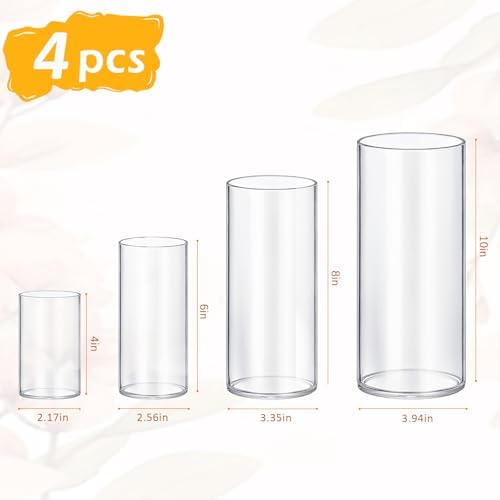 4 Pack Glass Cylinder Vases 4,6,8,10 Inch Tall Clear Flower Vase Hurricane Floating Candle Holder for Table Centerpiece Wedding Home Decor - Image 2