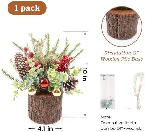 10 Inch Mini Artificial Christmas Tree, Christmas Tabletop Tree with DIY Wire Lights, Reindeer, Pine Cones, Red Berries and Ornaments, Small Christmas Tree for Table Desk Office Holiday Decor - Image 2