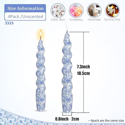 4 Pack Blue Floral Spiral Taper Candles - YUKCAXDLS Chinoiserie Unscented Candle 7.5Inch Flower Short Tapered Candlestick for Family Gatherings Weddings Restaurant Holiday Decorations - Image 5