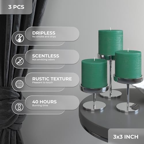CANDWAX 3x3 Inch Green Pillar Candles Set of 3 - Rustic Unscented No Drip Green Candles for Weddings, Centerpieces, Home Décor, Christmas Decorations - Image 3