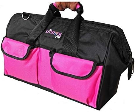18-Inch Multi-Purpose Zip-Top Pink Storage Wide Mouth Tool Bag Organizer. Great for Home Improvement/Contractors Tools. Heavy Duty Storage Pockets and Shoulder Strap.