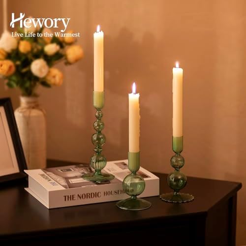 Hewory Glass Candlestick Holders Set: 3PCS Green Taper Candle Holders Bulk - Image 2