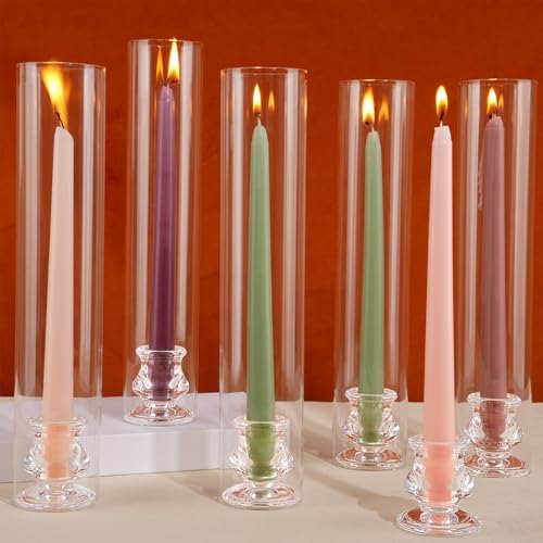 Hurricane Glass Candle Holders, Set of 10 Candlestick Holders for Taper Candle with 11.8" Tall Windproof Cylinder Covers Candle Stand Bulk for Table Centerpieces on Wedding Birthday Housewarming Decor by Unknown