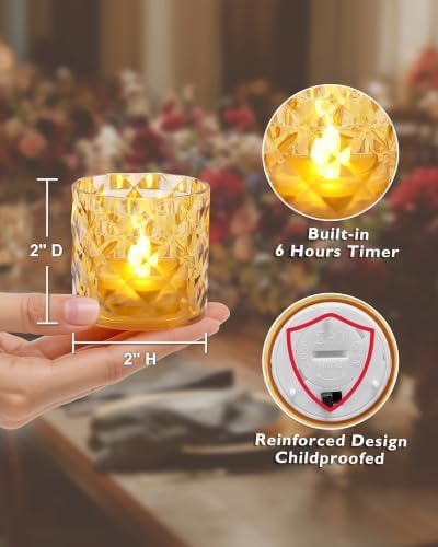 Homemory 2" Gold Acrylic Votive Candle & Holders with Auto Timer, 12 Pack - Image 2