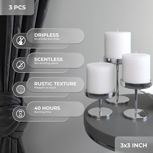 CANDWAX 3x3 Pillar Candles Set of 3 - Rustic Unscented No Drip White Candles for Home Decor, Weddings, Centerpieces - Image 2