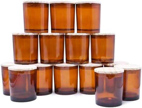SHOWIN 10 OZ Thick Candle Jars for Making Candles 15 Pcs, Empty Jars with Wood Lids for Candle Making, Sample Container, Clear Brown by Showin