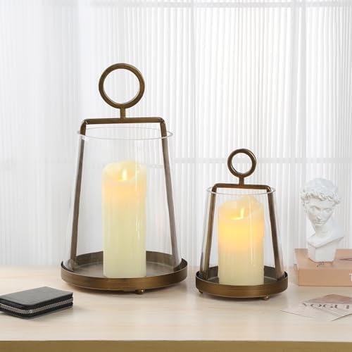 6" Wide Modern Farmhouse Metal Hurricane Candle Holder with Handmade Sturdy Glass Sleeve in Antique Brass for Pillar Candle & Plants, Glass Hurricane Lantern, Industrial, Minimalistic - Image 4