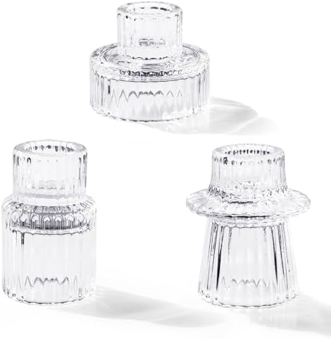 Candlestick Holders Set of 3, Ribbed Glass Taper Candle Holders, Reversible Clear Tealight & Candle Stick Candle Holder Vintage Crystal Tealight Candle Holder for Wedding Dinner Party by Toptime