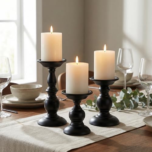 BANOMII Black Pillar Candle Holders Set of 3, Vintage Candle Holder for Table Centerpiece & Fireplace Decor, Decorative Antique Candle Stand for Dining & Living Room Decoration - Image 2