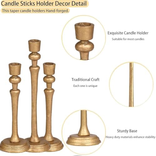 Gold Candlestick Holders,Antique Brass Iron Taper Candle Holder Set of 3 - Image 4