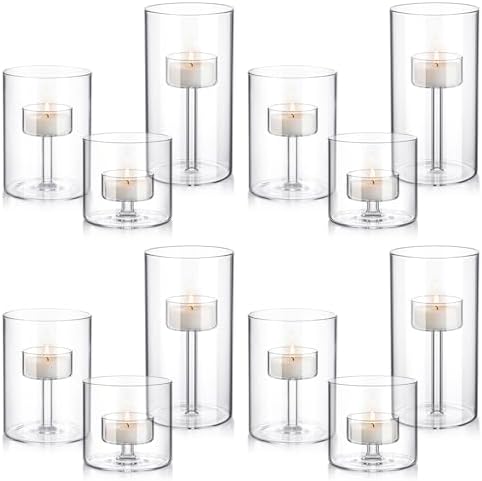 12 Set Hurricane Glass Candle Holders Pillar Votive Hand Blown Clear Cylinder Vase Modern Rustic Table Centerpieces Bulk 3 Sizes (2.8''/4.3''/6'' H) by Yiyiring