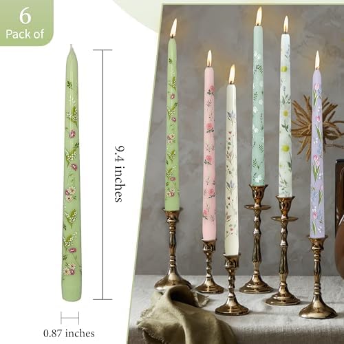 Floral Toile Candle Sticks Print Smokeless Candlessticks 6 Pack Handmade Pastel Candle 10 inches Long Flower Tapered Candles for Dining Living Room Mantel Cozy Hygge Ambiance Everyday Home Decor - Image 4