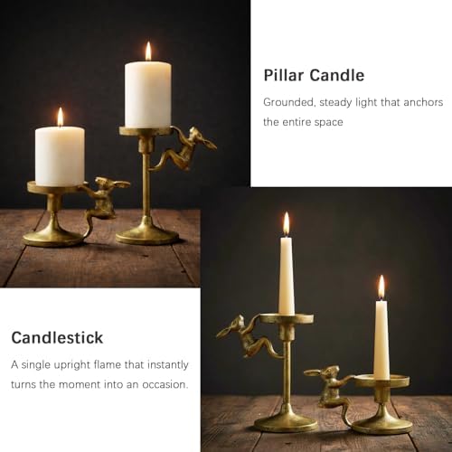 Set of 2 Cast Iron Climbing Bunny Candle Holders, Vintage Heavy-Duty Decorative Stands for 7/8" Taper Candlesticks and 3" Pillar Candles, Lively Easter & Spring Mantel Decor (Antique Brass) - Image 5