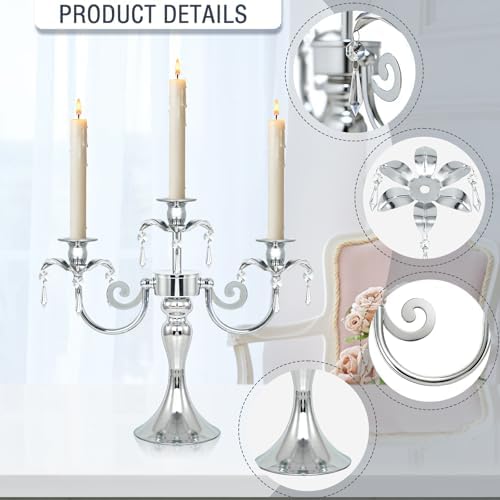 Metal 3 Arm Taper Candlestick Stand with Crystal Pendants - 11.8 Inch Tall Candle Holders, Elegant Centerpieces Candelabra for Wedding, Dining Table, Christmas Party (6Pcs, Silver) - Image 3