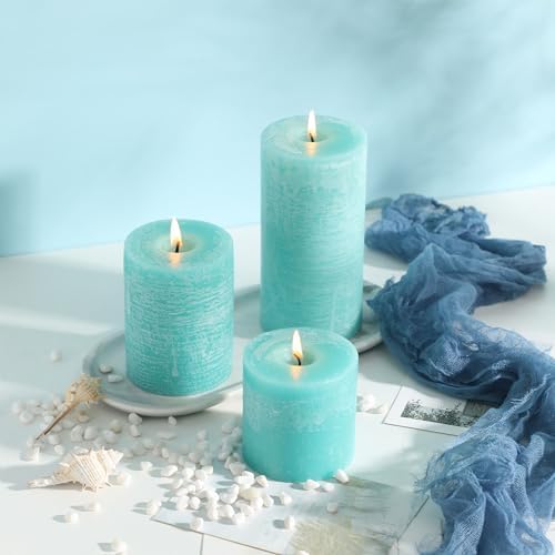 3x3 Inch Turquoise Pillar Candles Set of 3 - Unscented Candles, Long Clean Burning, Large Big Candles, Smokeless Dripless Pillar Candles for Dinner Table, Wedding, Home, Bathroom, Rustic Decor - Image 4